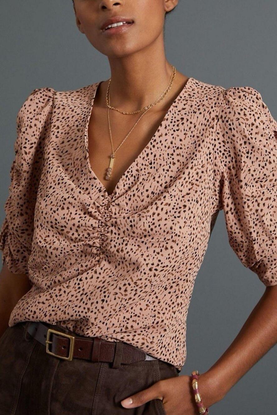 Bishop + Young Anthropologie Ruched Sleeve Blouse Abstract Dot Print Peach Sz M